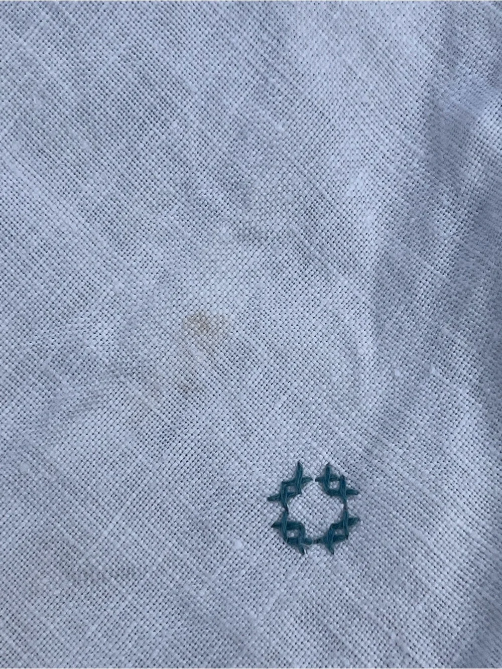 Embroidered White Linen tablecloth with blue flowers Motif